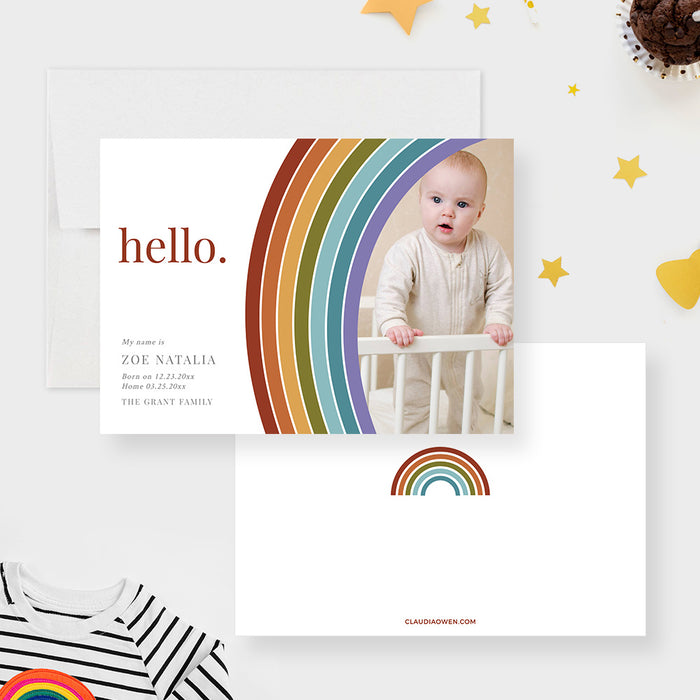 Rainbow Baby Announcement Card Template, Hello Baby Photo Baby Birth Cards Instant Download, Oh Baby Personalized New Baby Digital Cards
