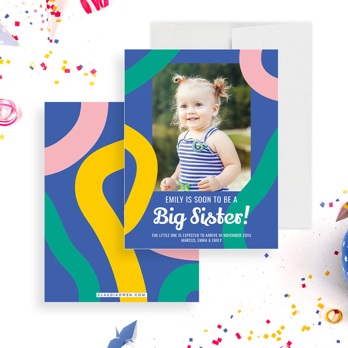 Colorful Big Sister Brother Announcement Card with Photo, Creative New Baby Announcement Photo Cards, Unique Pregnancy Announcement Cards