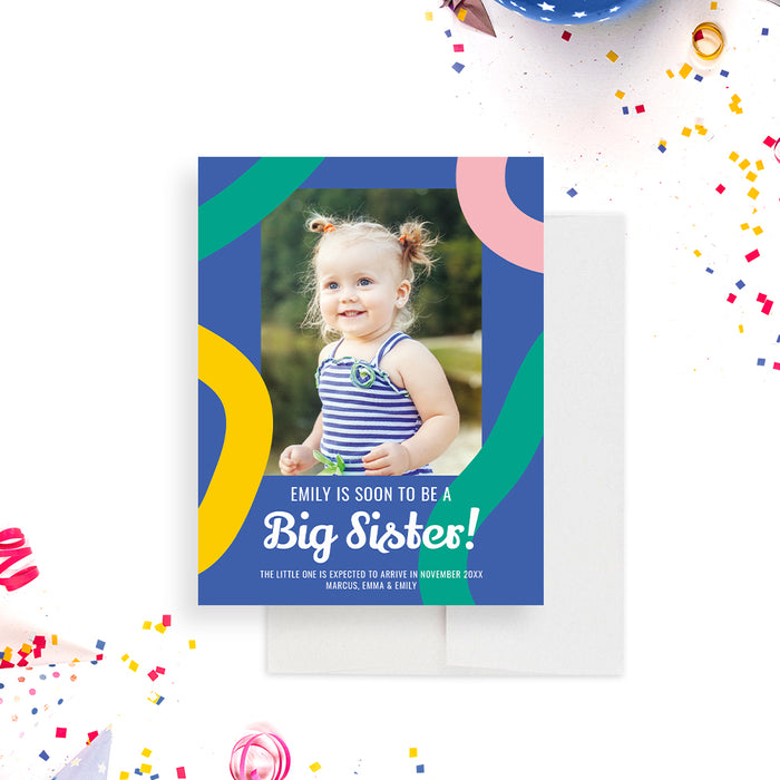 Colorful Big Sister Brother Announcement Card with Photo, Creative New Baby Announcement Photo Cards, Unique Pregnancy Announcement Cards