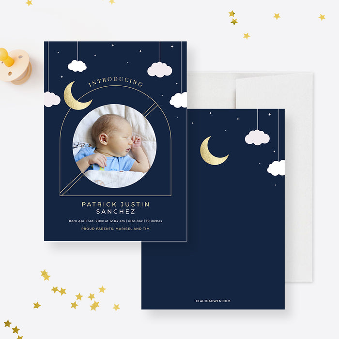 Celestial Baby Announcement Card with Photo Template, Baby Reveal Card with Moon Clouds Stars, Moon Child New Baby, Moon Birth Announcement