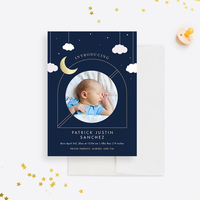 Starry Night Baby Announcement Cards with Photo, Introducing New Baby Cards, Unique Birth Announcement Photo Cards for Boys and Girls, Stars and Moon