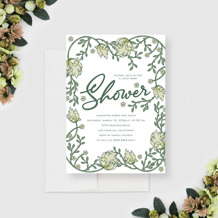 Botanical Baby Shower Invitations, Green Floral Baby Shower Invitation, Greenery Baby Shower Invites, Garden Baby Shower Invite Card with Flowers and Leaves
