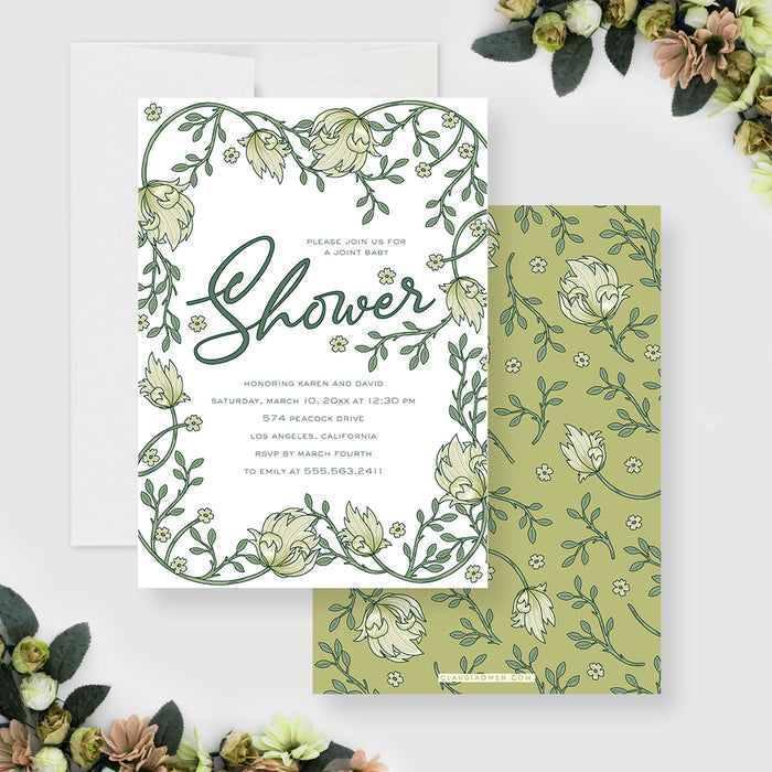 Botanical Baby Shower Invitations, Green Floral Baby Shower Invitation, Greenery Baby Shower Invites, Garden Baby Shower Invite Card with Flowers and Leaves