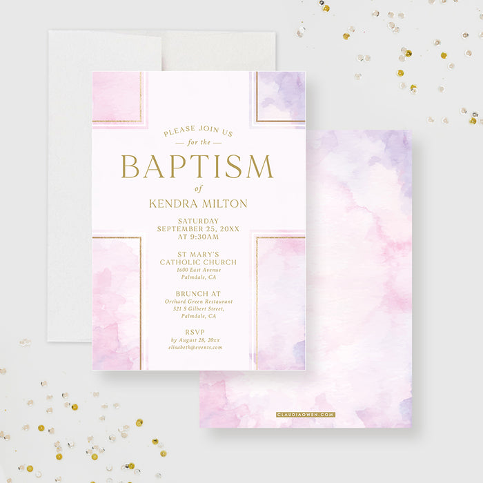 Purple and Pink Watercolor Baptism Invitations, Unique Christening Invitation Card with Gold Cross, Catholic Baptism Invites for Boys and Girls, LDS Baptism Invite Cards