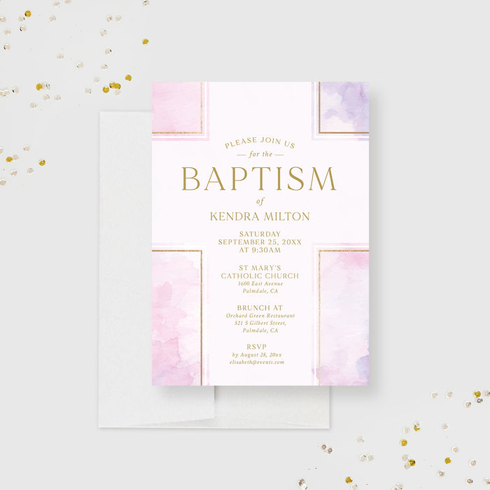 Purple and Pink Watercolor Baptism Invitations, Unique Christening Invitation Card with Gold Cross, Catholic Baptism Invites for Boys and Girls, LDS Baptism Invite Cards