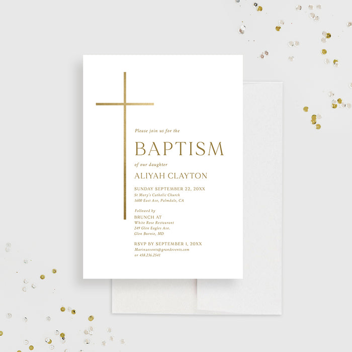 White and Gold Baptism Invitations, Modern Christening Invitation Card for Boys and Girls, Minimalist Catholic Baptism Invites with Holy Cross