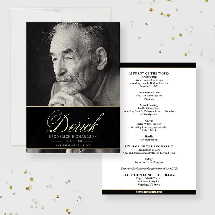 Celebration of Life Invitations with Photo, Modern Memorial Service Invitation Card, Personalized Funeral Ceremony Invites with Picture in Black and Gold