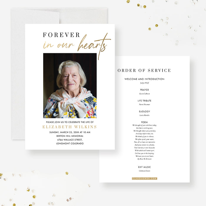 Forever in Our Hearts Memorial Service Invitation Card with Photo, Modern Celebration of Life Photo Invitations, Personalized Funeral Ceremony Invite Cards