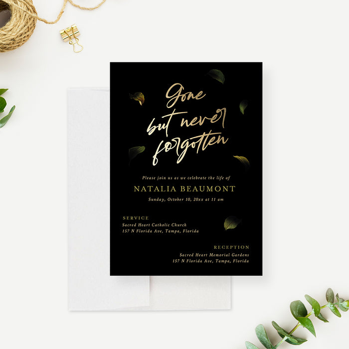Gone But Never Forgotten Celebration of Life Invitation Card, Black and Gold Memorial Service Invitations, Personalized Funeral Ceremony Invites with Falling Leaves