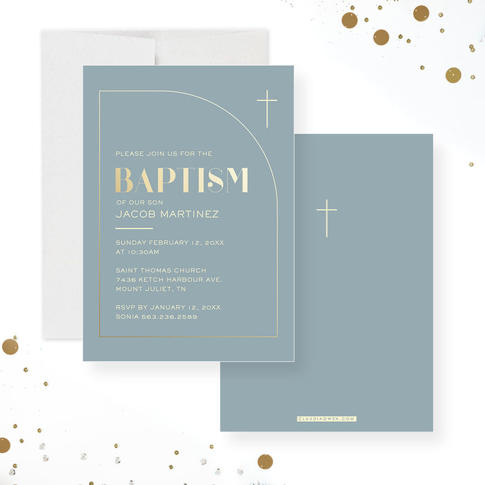 Blue and Gold Baptism Invitations, Modern Half Arch Christening Invitations, Catholic Baptism Invitation Card for Boy and Girl, LDS Baptism Invites with Gold Cross