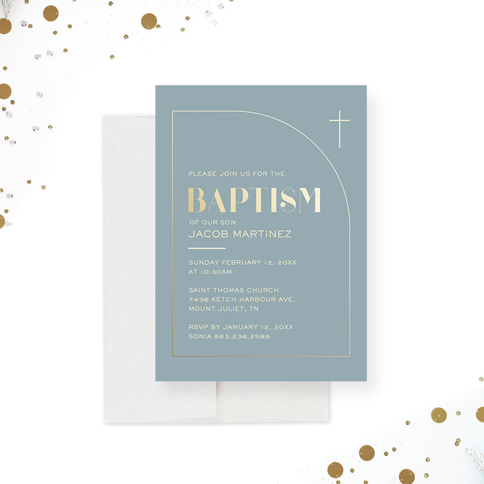 Blue and Gold Baptism Invitations, Modern Half Arch Christening Invitations, Catholic Baptism Invitation Card for Boy and Girl, LDS Baptism Invites with Gold Cross