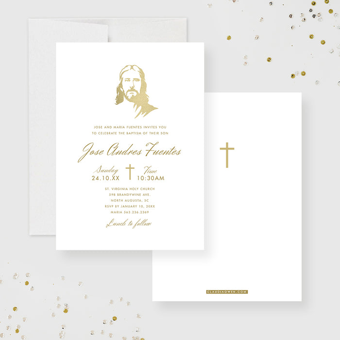 Unique Baptism Invitations with Jesus Christ Art, White and Gold Christening Invites for Boy and Girl, Modern Catholic Baptism Invitation Card, LDS Baptism Invite Cards
