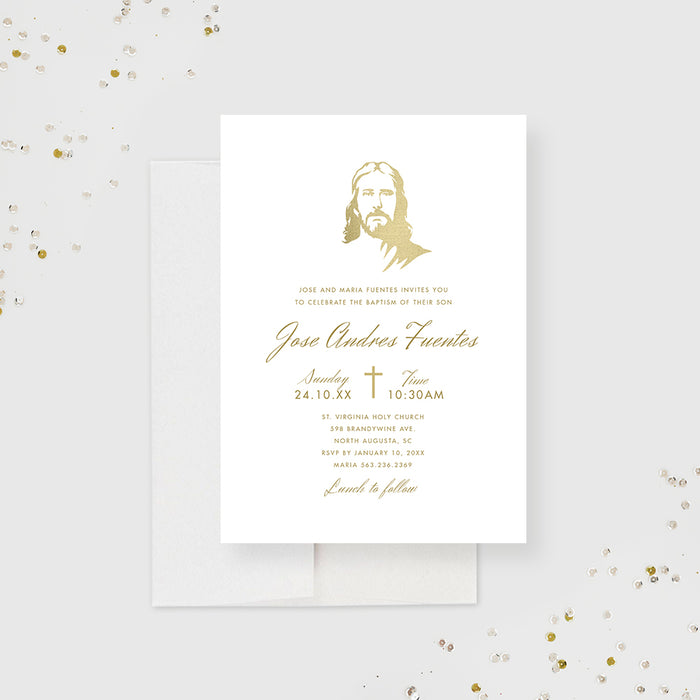 Unique Baptism Invitations with Jesus Christ Art, White and Gold Christening Invites for Boy and Girl, Modern Catholic Baptism Invitation Card, LDS Baptism Invite Cards