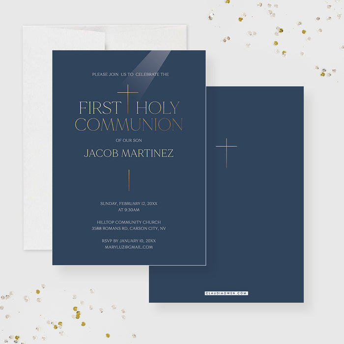 Contemporary Communion Invitations with Gold Cross, Elegant First Holy Communion Invitation Card for Boy and Girl, Religious Confirmation Invites, Church Event