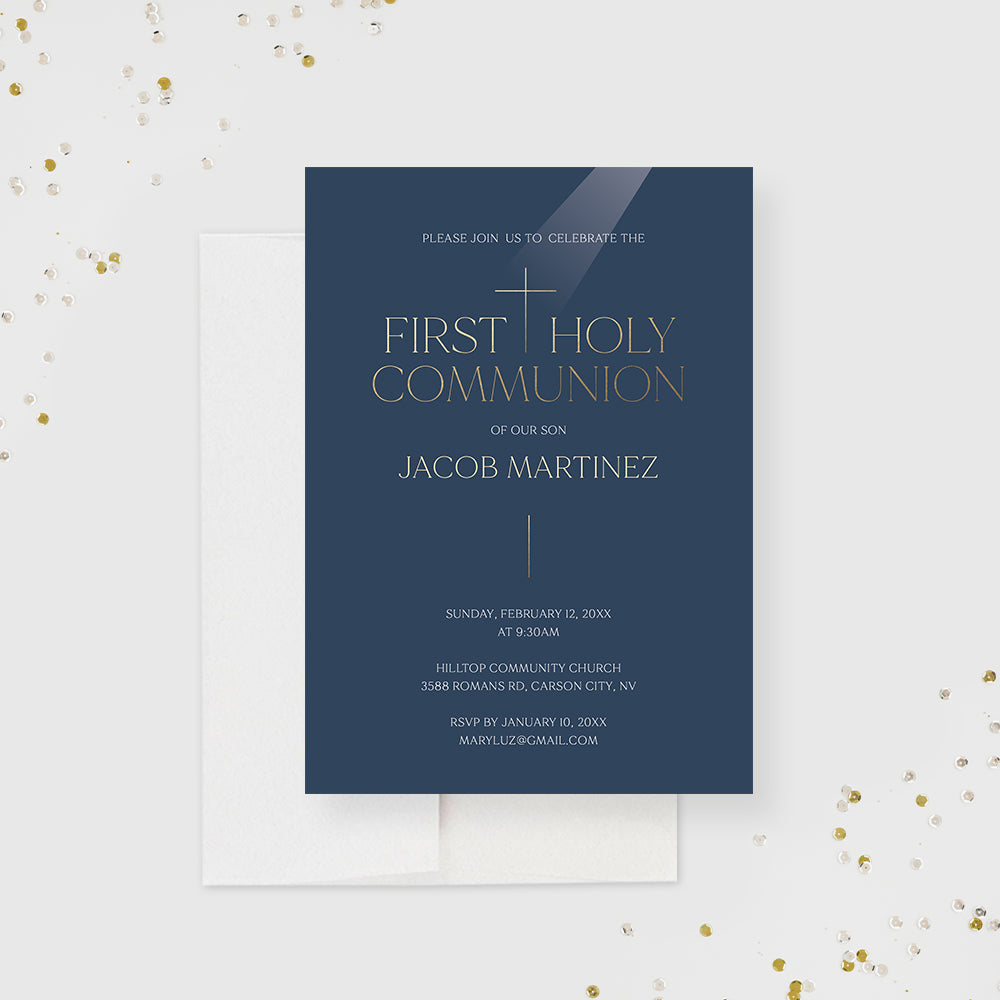 Contemporary Communion Invitations with Gold Cross, Elegant First Holy