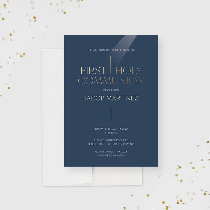 Contemporary Communion Invitations with Gold Cross, Elegant First Holy Communion Invitation Card for Boy and Girl, Religious Confirmation Invites, Church Event