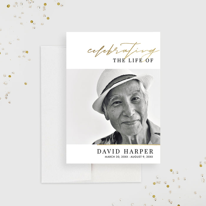 Celebration of Life Invitations with Photo, Memorial Service Card with a Modern and Simple Design, Personalized White and Gold Funeral Ceremony Invite Card with Picture