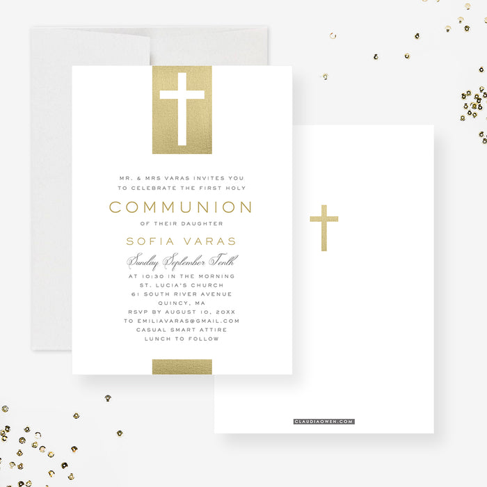 Elegant First Holy Communion Invitations with Gold Cross, White and Gold Communion and Confirmation Invitation Card for Boy and Girl, Modern Religious Church Event Invites