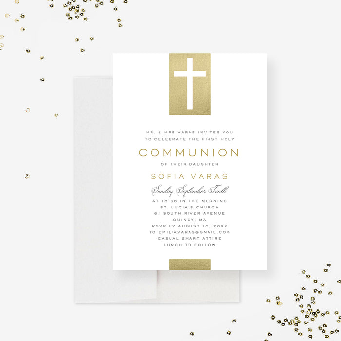 Elegant First Holy Communion Invitations with Gold Cross, White and Gold Communion and Confirmation Invitation Card for Boy and Girl, Modern Religious Church Event Invites