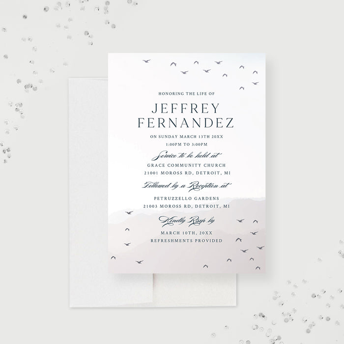 Celebration of Life Invitations with Flying Birds and Mountains, Modern Memorial Service Invites, Personalized Funeral Ceremony Cards with Peaceful Natural Landscape