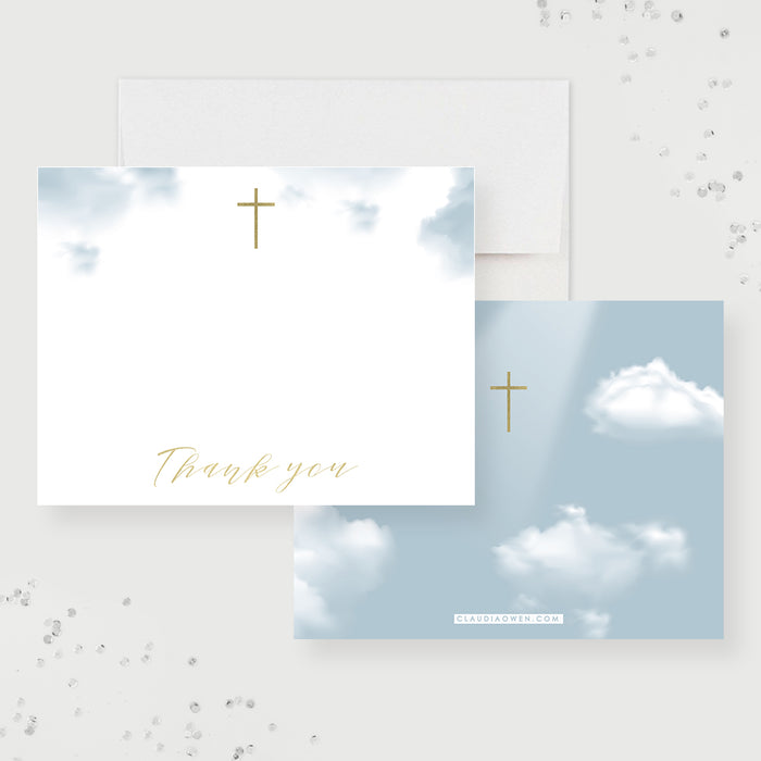 Thank You Cards for Funeral Service, Memorial Service Thank You Notes with Gold Cross and Clouds, Personalized Blue and White Celebration of Life Thank You Cards