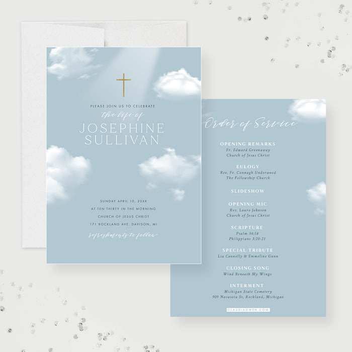 Blue Sky Funeral Ceremony Invitation Card with Gold Cross, Religious Memorial Service Invite Cards with Angelic Feel, Personalized Divine Celebration of Life Invitations