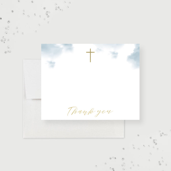 Thank You Cards for Funeral Service, Memorial Service Thank You Notes with Gold Cross and Clouds, Personalized Blue and White Celebration of Life Thank You Cards