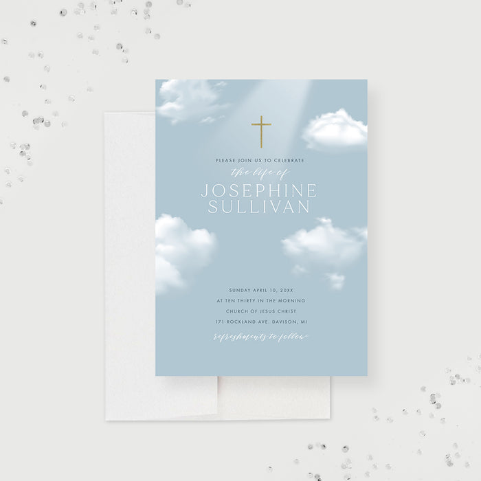Blue Sky Funeral Ceremony Invitation Card with Gold Cross, Religious Memorial Service Invite Cards with Angelic Feel, Personalized Divine Celebration of Life Invitations