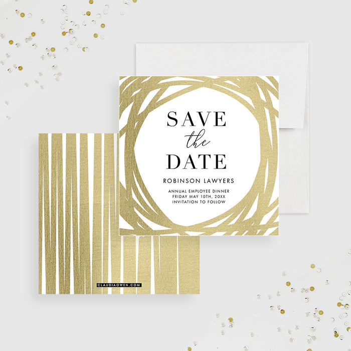 White and Gold Company Dinner Save the Date Cards, Elegant Business Anniversary Save the Dates, Modern Corporate Event Save the Date with Gold Border