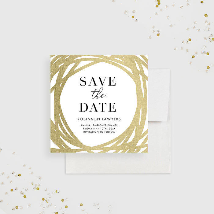 White and Gold Company Dinner Save the Date Cards, Elegant Business Anniversary Save the Dates, Modern Corporate Event Save the Date with Gold Border