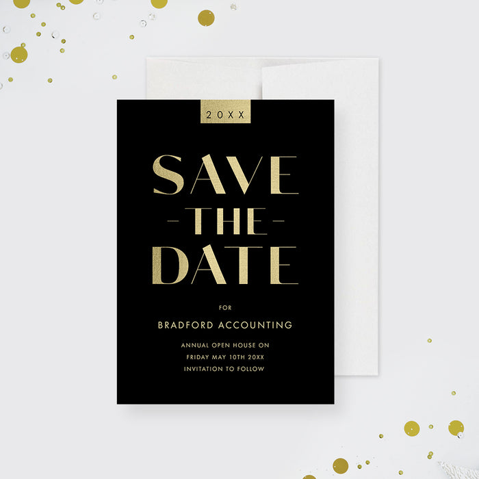 Black and Gold Open House Save the Date Cards, Elegant Business Save the Dates, Modern Corporate Event Save the Date, Company Party Save the Date