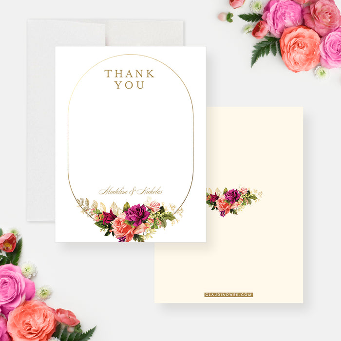 Floral Thank You Cards with Elegant Gold Border, Bridal Shower Garden Party Thank You Notes, Spring Anniversary Party Thank You Note Cards with Vintage Flowers