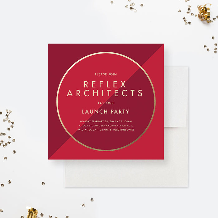 Red and Gold Business Launch Party Invitation Card, Modern Grand Opening Invitations, New Office Opening Ceremony Invites, Elegant Corporate Invite Cards, Company Event