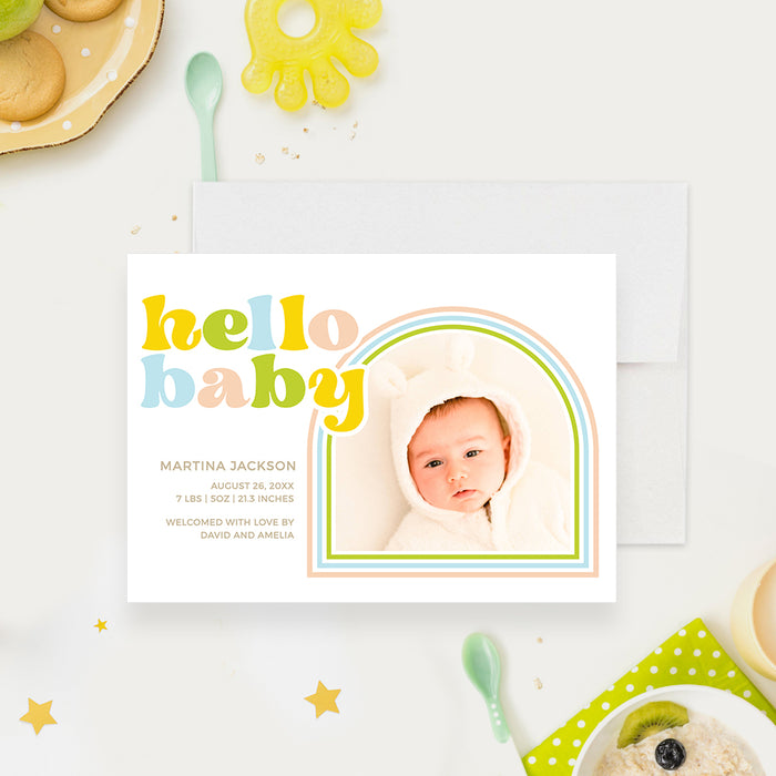 Hello Baby Announcement Card with Photo, Rainbow Baby Shower Invites, Baby Reveal Personalized Cards, Birth Announcement Instant Download