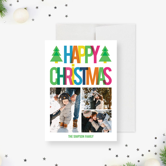 Happy Christmas Card Template with Three Photos, Colorful Christmas Photo Greeting Card with Pictures, Family Holiday Card Digital Download