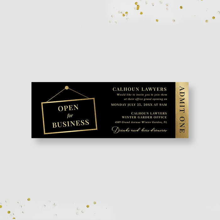 Open for Business Ticket Invitation Card for Office Grand Opening Day, Company Party
