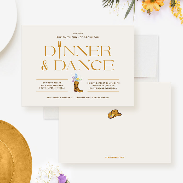 Western Dinner and Dance Invitation Template, Country Style Birthday Dinner Invites with Cowgirl Boot and Flowers, Western Themed Party, Business Event Digital Download Invites