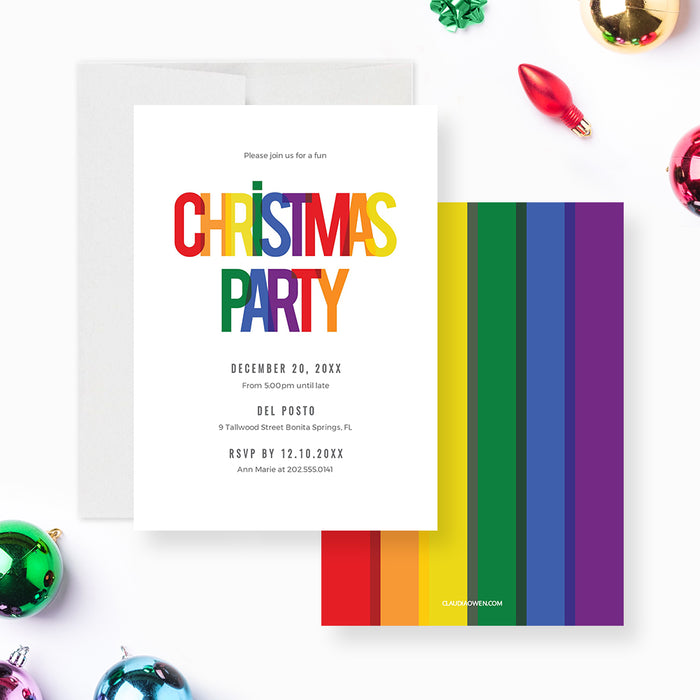 Rainbow Family Christmas Party Invitation Template, Colorful Christmas Party Invite Instant Download, Christmas Dinner Party Printable Editable Invitation