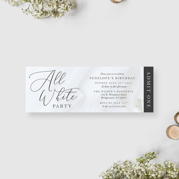 Classy All White Party Birthday Ticket Invitation Card, Summer All White Event Tickets