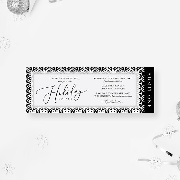 Timeless Holiday Soiree Ticket Invitation Card, Christmas Party Invitation with Snowflake Design