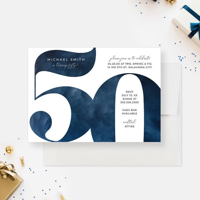 50th Birthday Invitation for Men, 50th Wedding Anniversary Invites Template, 50 Year in Business Anniversary Party Invitation, Turning 50 Birthday Invites in Navy Blue