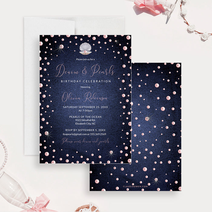Denim and Pearls Invitation with Pink Pearls Digital Download, 30th 40th 50th Elegant Birthday Invites for Women, Denim Theme Couple Shower Template