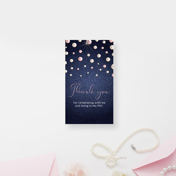 Denim and Pearls Thank You Gift Tag Template with Pink and White Pearls, Denim Themed Birthday Printable Tags, Custom Gift Tags, Pearl Thank You Favor Tags 2 x 3.5 Inches