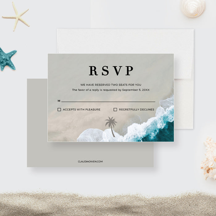 Beach Wedding Invitation Set Template, Sea Save The Date Card and RSVP, Nautical Wedding Invites Digital Download, Sandy Beach Wedding Suite with Palm Trees, Ocean Wedding Cards
