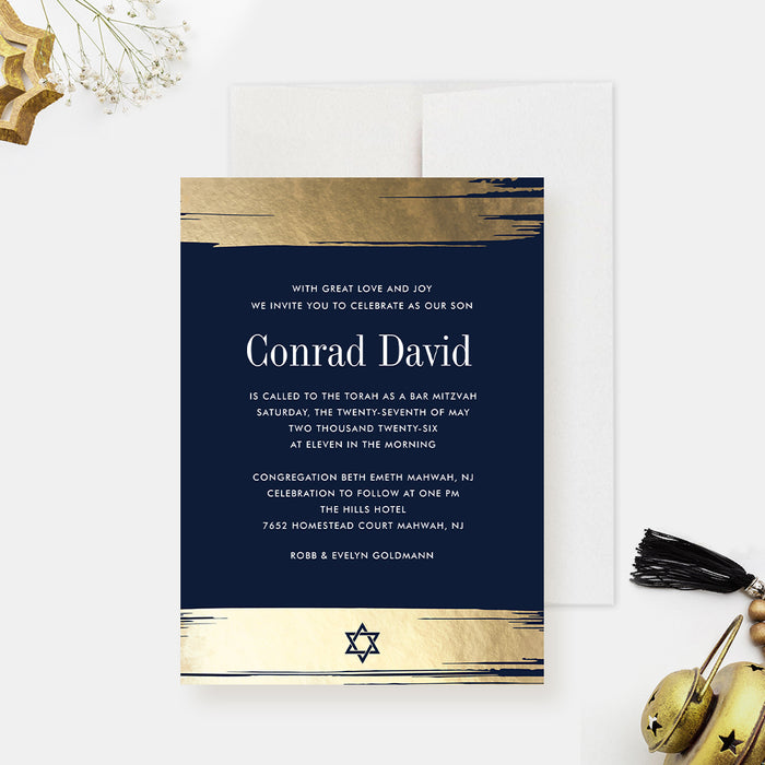 Elegant Bat Mitzvah Invitation Card in Navy Blue and Gold