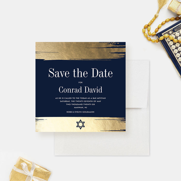 Glamorous Bat Mitzvah Save the Date Card in Navy Blue and Gold