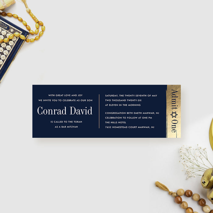 Personalized White and Gold Mitzvah Ticket Invitation Card