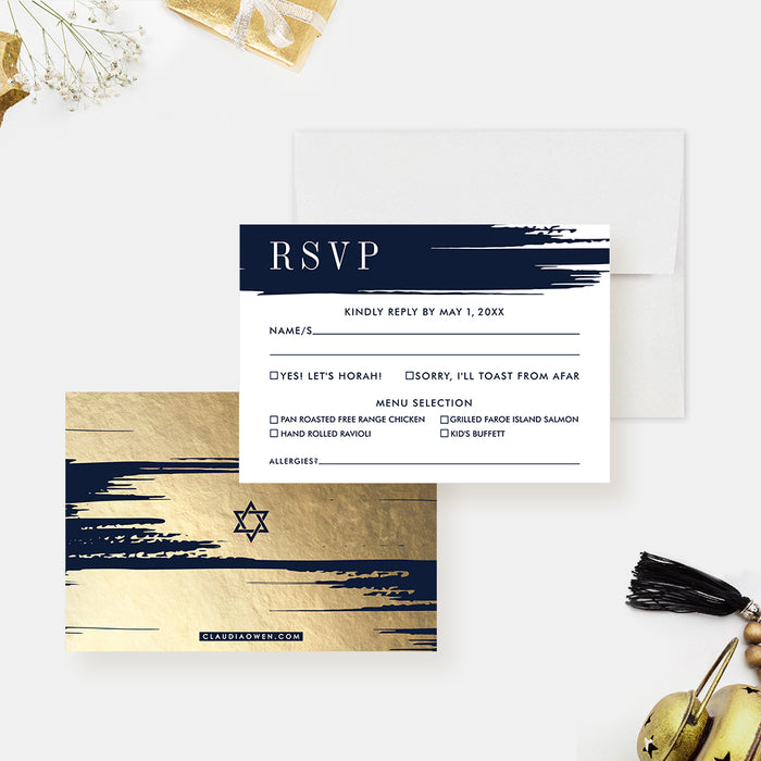 Elegant Bat Mitzvah Invitation Card in Navy Blue and Gold