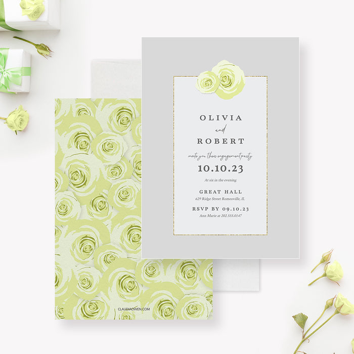 Wedding Engagement Invitation Template, Floral Bridal Shower Party Invites with Yellow Roses, Wedding Anniversary Digital Download, Vow Renewal Printable Invitation