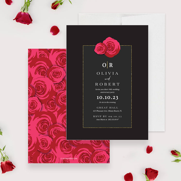 Red Rose Invitation Template, Black and Red Romantic Vow Renewal Invites, Floral Engagement Party, Classic Wedding Anniversary Invitation Digital Download